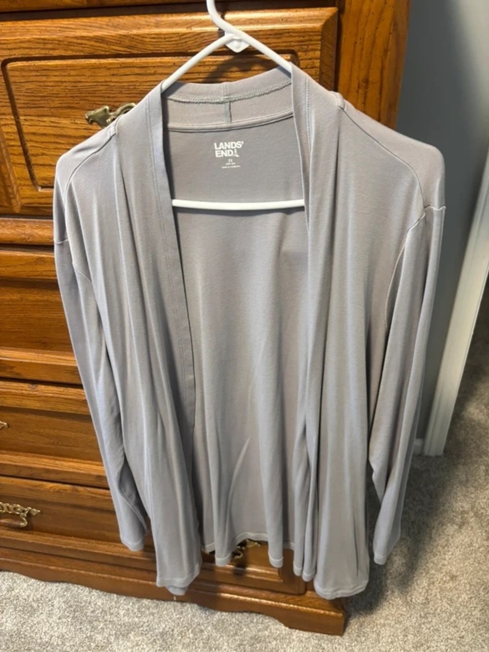 Lands' End open-front draped cardigan — light gray